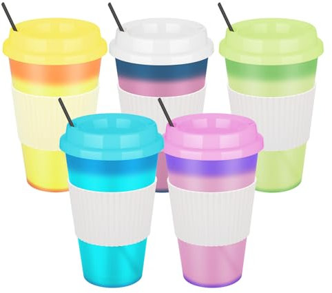 NUZEKY Tazze da caffè in plastica con coperchio: 5 pezzi da 473,6 ml, 5 bicchieri che cambiano colore per bevande calde e fredde, bicchieri da caffè freddo, bicchieri da festa per bambini e adulti,