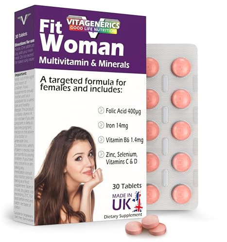 VITAGENERICS FitWoman High Strength Multivitamin & Minerals | x30 Tablets | with Folic Acid, Iron, Zinc, Selenium, Biotin, Vitamin C, B-Complex & More! UK Made Supplement for Women