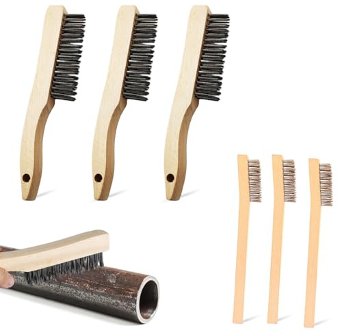 6 Stück Drahtbürsten Set, 3 Drahtbürste Klein Holzgriff 3 Groß Handdrahtbürstensatz Edelstahlbürste für Sauberen Metallteilen Grill Reinigung Schweißen Schlacke und Rost