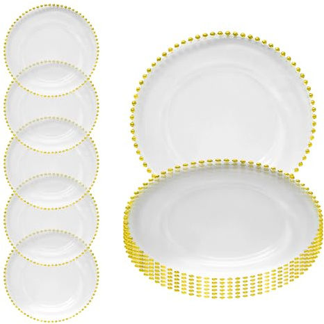 Elegant Gold 13-inch Clear Acrylic Charger Plates with Gold Beaded Rim – Perfect for Weddings, Parties, and Home Dining, Decorative and Affordable Clear Charger Plates for Event Table Décor - 12 Pcs