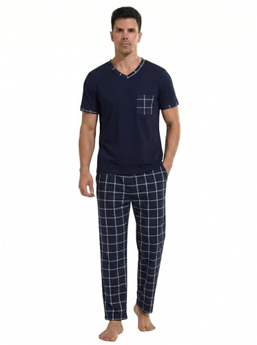 YUSHOW Pyjamas, män, tvådelad, kortärmad, pyjamasöverdelar, v-ringad, bröstficka och långa rutiga pyjamasbyxor med fickor, män, nattkläder, set, hemmadräkt, sommar, Marinblå rutig, M