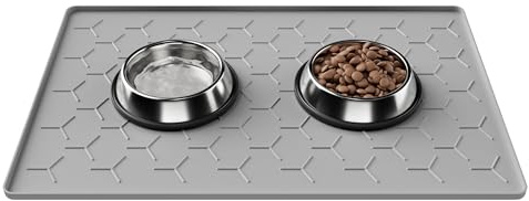 Pieviev Futtermatte Katzen & Hunde, 60x40cm wasserdichte Napfunterlage Groß | lebensmittelechtes Silikon, rutschfeste Hundenapf Unterlage, Katzennapf Futterunterlage, Anti-Verschütten Rand, Hellgrau