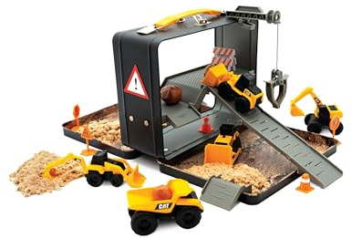 CAT Construction Toys, Store N Go Playset - Tin Travel Case Transforms into Multi-Level Worksite, Includes 2 Little Machines Vehicles & 10 + Accessories, Portable STEM Toy for Kids Ages 3 +
