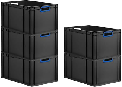 PROREGAL SparSet 5x Eurobox NextGen Color | HxBxT 32x40x60cm | 65 Liter | Griffe blau offen | Verstärkter Boden | Schwarz | Eurobehälter, Transportbox, Transportbehälter, Stapelbehälter