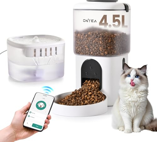 Onyea WiFi Automatic Cat Feeder and Water Fountain Set, Smart App Control (2.4GHz Only), 10-Meal Schedule, Stainless Steel Bowl, 2-in-1 Bundle, USB Powered (Cable Included)