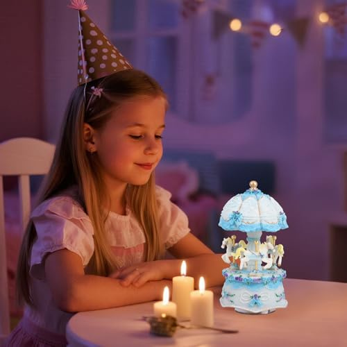 harupink Karussell Spieluhr,Dekorative Spieldosen mit Bunte LED,Harz Karussell Musikbox Warme und romantische Geburtstagsfeier Musikalisches Geschenk für Freundin Kinder Weihnachten Festival(Blau)