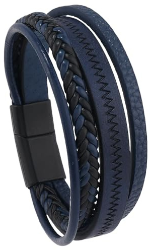 HUIANGLIYG Bracelet en Cuir Vintage Ondulé pour Homme et Femme, Tressé Multicouche, Fait Main, Large Bracelet Manchette Gravé, Style Vague, Accessoire pour Homme, Garçon, Lui, Bleu Marine, 19,5