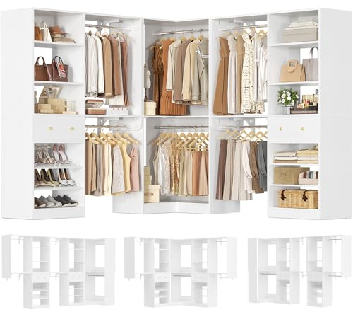 Armocity Closet System Set of 3 - Corner Closet Organizer System with 2 Drawers/16 Shelves/6 Hanging Rods, 151.1 L-Shaped Walk-In Wardrobe Organizer, 2800+ lbs Capacity, White