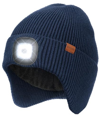 Wmcaps Mütze mit LED Licht und Ohrenklappen, gefüttert, Type-C, Geschenk | Warme Wintermütze mit LED Stirnlampe, wiederaufladbar, Innenfutter – ideal für Gassi, Angeln und Jagd, für Damen und Herren.