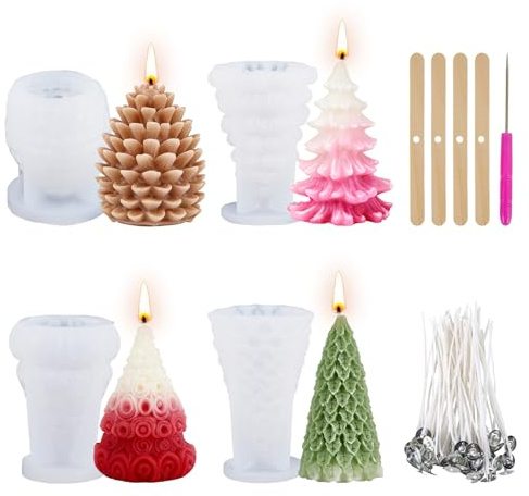 YUNISS 4 Stück Silikonform Weihnachten, 3D Silikonformen Gießformen, Kerzen Selber Machen Set mit Tannenbaum Motiven, ideal als für DIY Deko Kerzen, Seife, Heimdekorationen & Geschenke