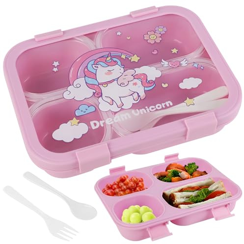 Lvjkes Fiambrera infantil con 4 compartimentos, 1100ml Caja almuerzo infantil con cubiertos, Para microondas y lavavajillas, Sin BPA, reutilizable (Unicornio, Rosa)