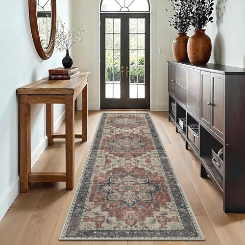 GENIMO Vintage Läufer Teppich Rot, Waschbar für Flur, 80x300 cm | Weicher Kurzflor, Rutschfeste Rückseite, Pflegeleicht für Küche und Korridor