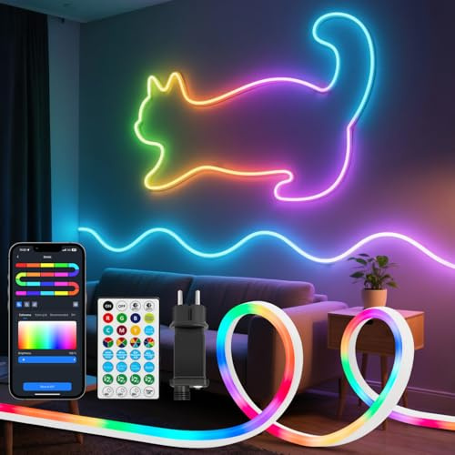 Aigostar Smart RGBIC Neon LED Strip, 3M 90LED, Segment Kontrolle DIY Farbe, APP und Fernbedienung, Music Sync, 39 Dynamische Effekte, IP44 Wassergeschützt für Terrasse, Garten, Spiele, Dekoration