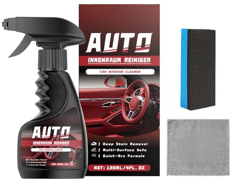 Spray dettagliante per interni, 120 ml, set di pulizia per auto, con spugna per asciugamani, smacchiatore per tessuto, pelle, tappeti, tappezzeria, rivestimento in vetro, per la pulizia di auto camion