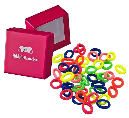 HAARallerliebst 50 stycken 20 mm små hårsnoddar för flickor – mini baby flätgummi inklusive låda – perfekt hårsnodd, hårdekoration för barn kvinnor – elatiskt mjuk, flerfärgad (neon, 50 stycken)