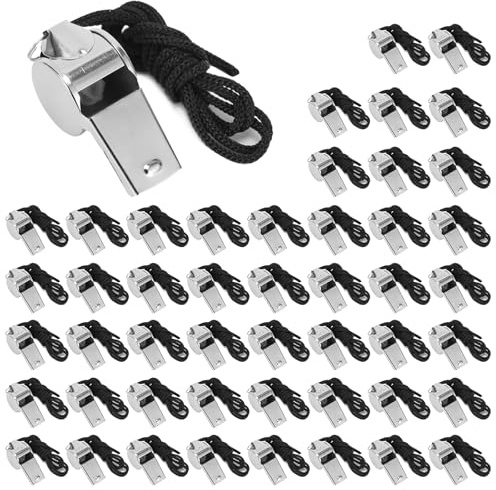 PORFOYO Lot de 48 Sifflets De Sport en Acier Inoxydable,Métal Sifflet De Sport avec Cordon,Acier Inoxydable Sifflet,Acier Inoxydable Sports Lanière pour Entraîneurs,Arbitres Et Les Officiels