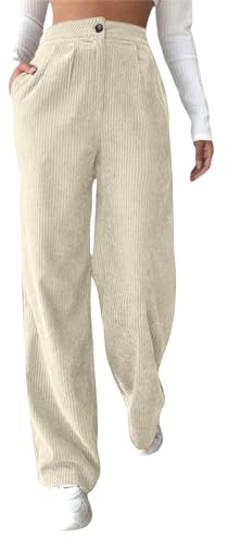Qmerlimui Pantalon Femme en Velours côtelé Taille Haute Extensible Coupe Ample Jambes Larges avec Poches