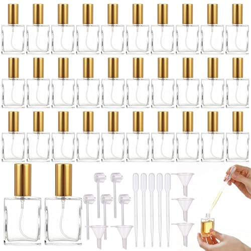 SWEWARM 32 Stück Glas-Parfüm-Sprühflaschen mit 15 Dosierwerkzeugen, 15 ml nachfüllbare Mini-Parfüm-Zerstäuberflasche, Reise-Parfümflasche, 3,6 x 7,9 cm