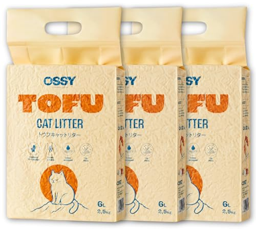 Arena de Tofu X3 para Gatos OSSY 7,5Kg 18L Arena Natural Super Aglomerante Sin químicos Desechable por WC Libre de Polvo 99,98% Sin Fragancias Artificiales