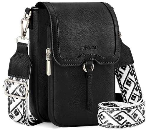 RAINSMORE Umhängetasche Damen Handytasche Zum Umhängen Crossbody Bag Damen Wasserdicht Schultertasche PU Leder Handtashe damen klein mit Breiten Schultergurten Schwarz