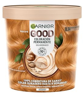Tinte permanente vegano, Garnier Good Spicy Blonde, 8.34 Salted Caramel, Sin amoniaco y nutritivo, 100% de cobertura de canas, color hasta 8 semanas, con manteca de karité - 75 ml | Tinte permanente vegano, Sin amoniaco, 100% cobertura de canas, Con manteca de karité, Gama Good