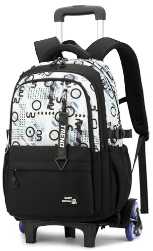 Amythe Schulrucksack mit Rollen für Jungen, Großer Trolley-Rucksack Schwarz für Jungen, Schultasche Teenager mit 6 Räder, Abnehmbar & Höhenverstellbar für Schule, Uni & Reise