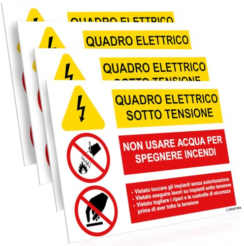PRINTIMA 32x21 cm set 4 cartelli quadro elettrico sotto tensione, non usare acqua per spegnere incendi, segnaletica di sicurezza con set di montaggio incluso per aziende