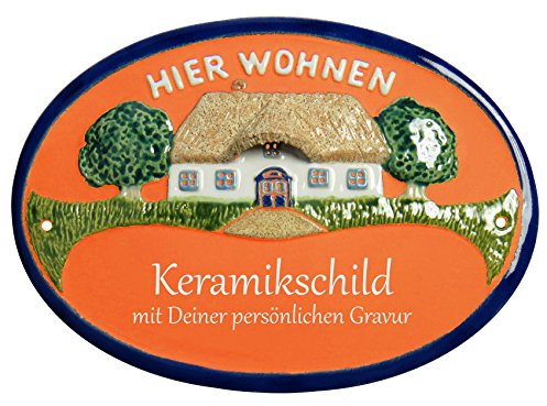 Handarbeit aus Schleswig-Holstein Keramikschild 23,5 x 17,5 cm Motiv Haus mit 3D-Dach Hier WOHNEN (Terracotta)