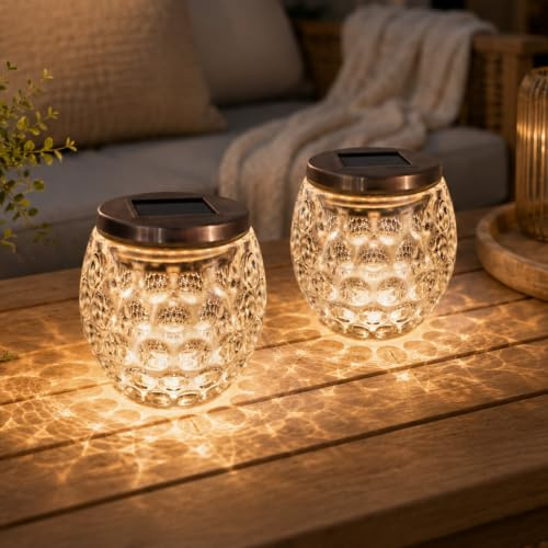 Garden Mile 2 Solar Glass Jar Lanterns Warm White LED Outdoor Garden Lights | Set of 2, Heavy glass, Auto on/off, Solar powered, Patio table & garden use