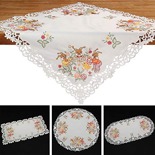 Quinnyshop Bunte Osterhasen auf Wiese Stickerei Tischdecke Mitteldecke Tischläufer ca. 60 x 120 cm Oval Satin-Optik, Weiß