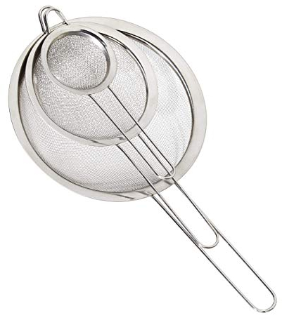 Relaxdays Colini da Cucina, Set da 3, ∅ 7, 12 e 18 cm, con Manici, Stacci Farina, Zucchero a Velo, Scolapasta, Argentato, Acciaio Inox