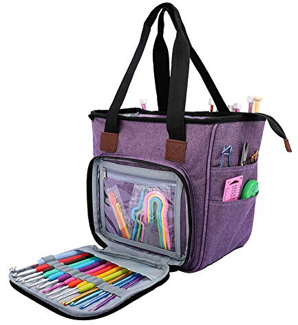 SumDirect Borsa organizer per filati, per lavori a maglia, borsa portatile per fili, progetti di trasporto, ferri da maglia, uncinetti, manuali e altri accessori (viola)