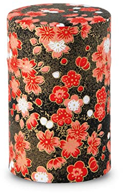 NOREN Recipiente de té japonés (papel Yuzen Washi), tamaño de 3.5 onzas, fabricado en Japón con tapa interior hermética, a prueba de humedad, té, especias y más (ciruela/negro)
