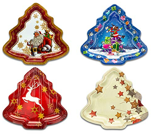 Helmecke & Hoffmann Weihnachtsteller 4er-Set, Pappteller mit weihnachtlichen Motiven, Tannenbaumform