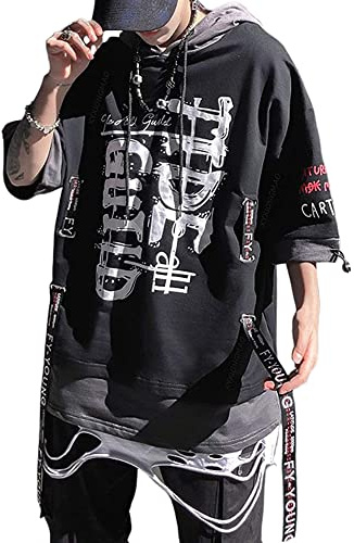 XYXIONGMAO Techwear Shirt Japanese Streetwear Hip Hop Shirts Men Graphic T Alphabet Design Workwear Gothic Hoodie, Black, Medium