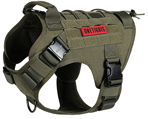 OneTigris Hundegeschirr, FIRE Watcher 2.0 Taktisches Geschirr 2 Metallschnallen MOLLE Sicherheitsgeschirr Service Hunde Hundeweste mit 1 Griffe und 2 No-Pull D-Ring 1000D Nylon - Grün S