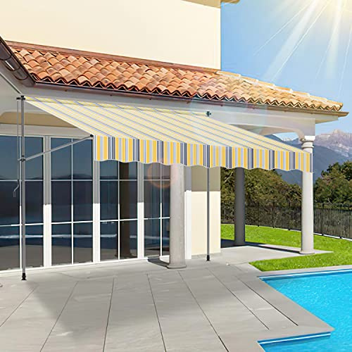 Lospitch Klemmmarkise Balkon, Markise Einziehbar Manuell, Handkurbel, höhenverstellbar, UV-beständig, ohne Bohren, 100% Polyester,Gelb Blau, 300x120x200-300cm