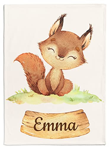 Personalisierte Babydecke Kinderdecke mit Eichhörnchen Motiv & Wunsch Name | Individuelle Baby Decke Namensdecke (Eichhörnchen)