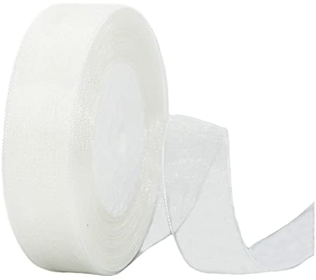 45m Organzaband Weiß 25mm Breit Chiffo Geschenkband,Transparentes Organza Bänder Chiffonband Schleifenband Dekoband Geschenkverpackung Deko Band Tüllband für Weihnachten Hochzeit Taufe Geburtstag