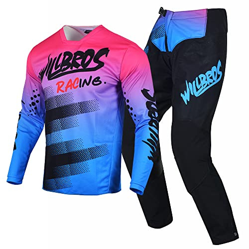 Willbros Combinaison de Pantalon en Maillot de Motocross pour Homme Adulte Hors Route Dirt Bike Ensemble D'engrenages MX Femmes Équitation Bleu Rose (Jersey XXL Pants 38)