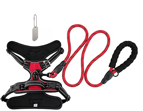 Hundegeschirr Anti Zug Geschirr Hund No Pull Verstellbar Atmungsaktiv Reflexstreifen Brustgeschirr Hund Sichere Führung Anhänger beschriftbar mit Etiketten Hundeleine Führleine Rot (L Red)