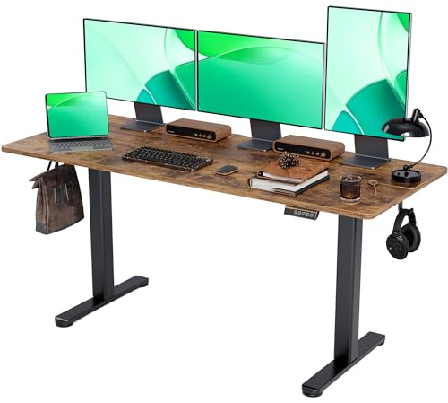 Claiks Electric Standing Desk, Adjustable Height Stand up Desk, 63x24 Inches Sit Stand Home Office Desk with Splice Board, Black Frame/Rustic Brown Top