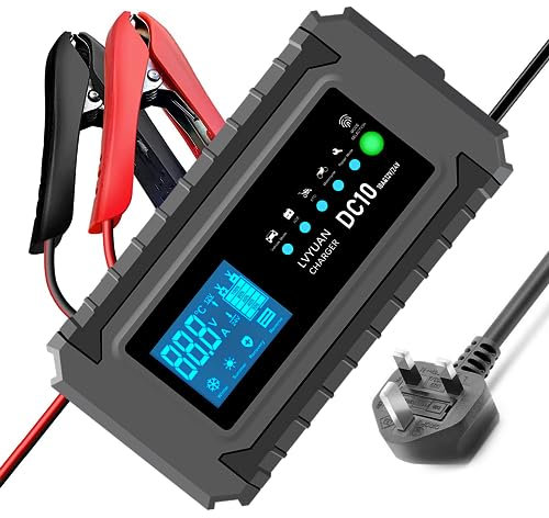 Car Battery Charger 10A 12V/24V Car Battery Charger Fully Automatic Intelligent Trickle Charger with LCD Display Charger for Car Batteries and Motorcycle Battery