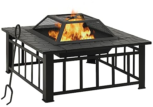 Tidyard Feuerstelle mit Schürhaken Feuerschale Grillschale Fire Pit Grillstelle Feuerkorb 79 x 79 x 46,5 cm (L x B x H) Stahl Schwarz