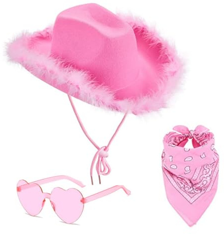 ZOOMPIL Rosa Cowgirlhut mit Bandana und Sonnenbrillen, Verstellbarer Filz-Cowboyhut für Damen - Sicherer Sitz, für Junggesellenabschied in Nashville, Cowgirl Kostüme und Country Konzerte