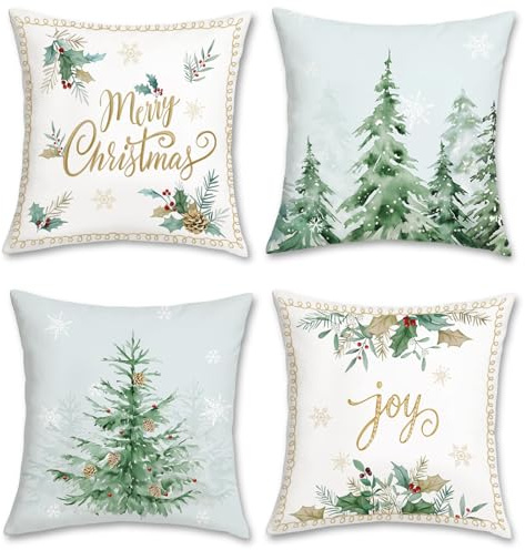 Bonhause 4er Set Kissenbezug Weihnachten 45 x 45 cm Grün Kiefer Schneeflocke Weihnachtsbaum Dekorative Kissenhülle Zierkissenbezüge für Sofa Schlafzimmer Weihnachten Dekoration