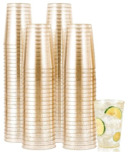 Gikisla 50pcs Gold Plastic Cups, 300ml Hard Gold Plastic Tumblers for Cocktail and Drinking, Reusable Clear Drink Cups for Fancy Wedding, Thanksgiving, Christmas