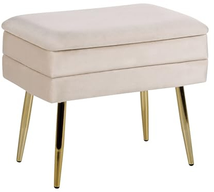Bänk med Förvaring Sovrum Vardagsrum Sammet Klädsel Gyllene Ben Ljusbeige Odessa