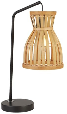 Licht-Erlebnisse Tischlampe Boho H: 26 cm klein Korb Schirm aus Bambus Pendelarm E27 in Natur Schwarz Wohnzimmer Tischleuchte Schlafzimmer Nachttischlampe