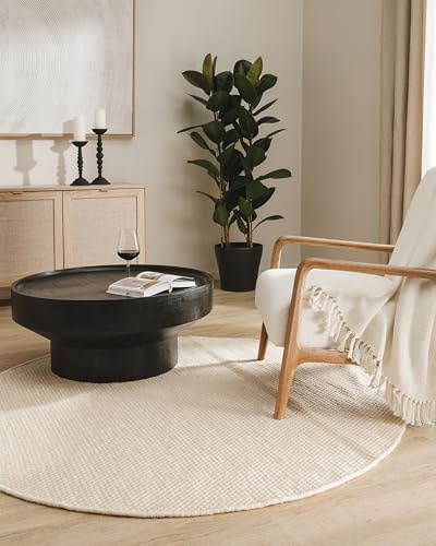 benuta Pure Wollteppich Rocco - Beige/Schwarz 250 cm rund - Handgewebt - rund & im Style: Wolle, Uni, Natural Living - Minimalistisch - Pflegeleicht für Wohnzimmer Schlafzimmer